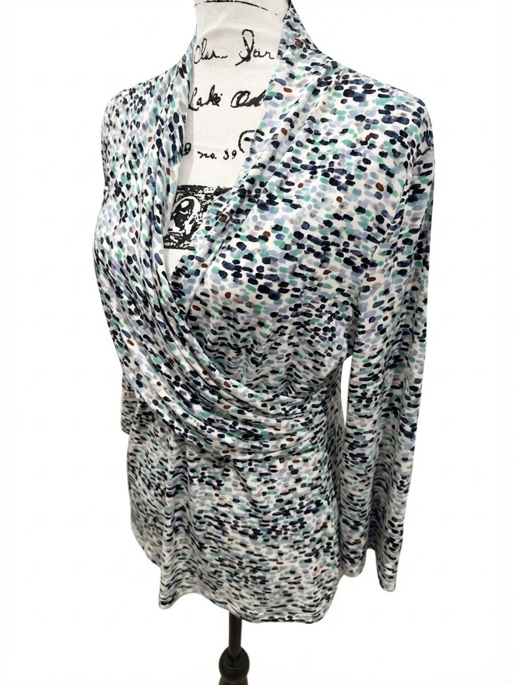 Dkny Blue, Green and Black Dotted Wrap-Front Blouse